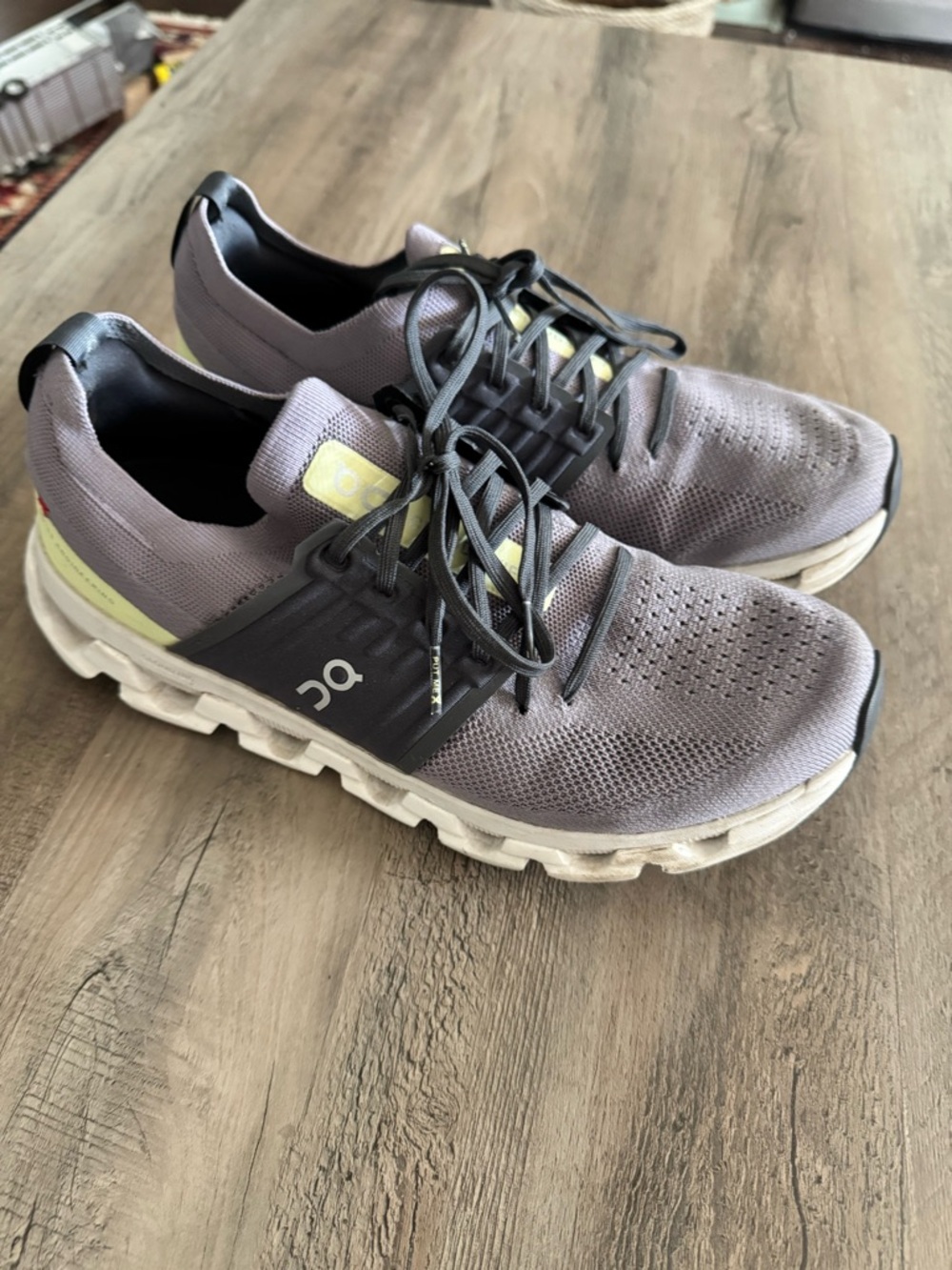 On Running Men’s Gray Purple Knit Athletic Shoes with Yellow Accents